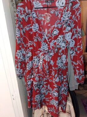 august silk Red Midi Dress with Blue Floral Print